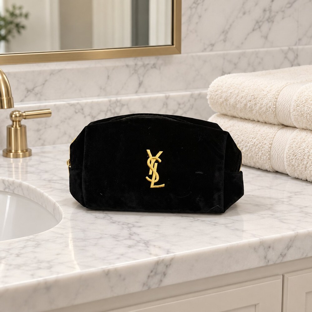 Yves Saint Laurent Black Velvet Makeup Bag | Gold-Tone YSL Logo